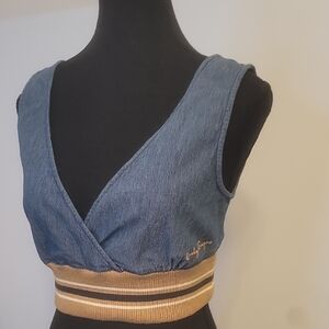 Trendy Denim Crop Top with Gold Accents